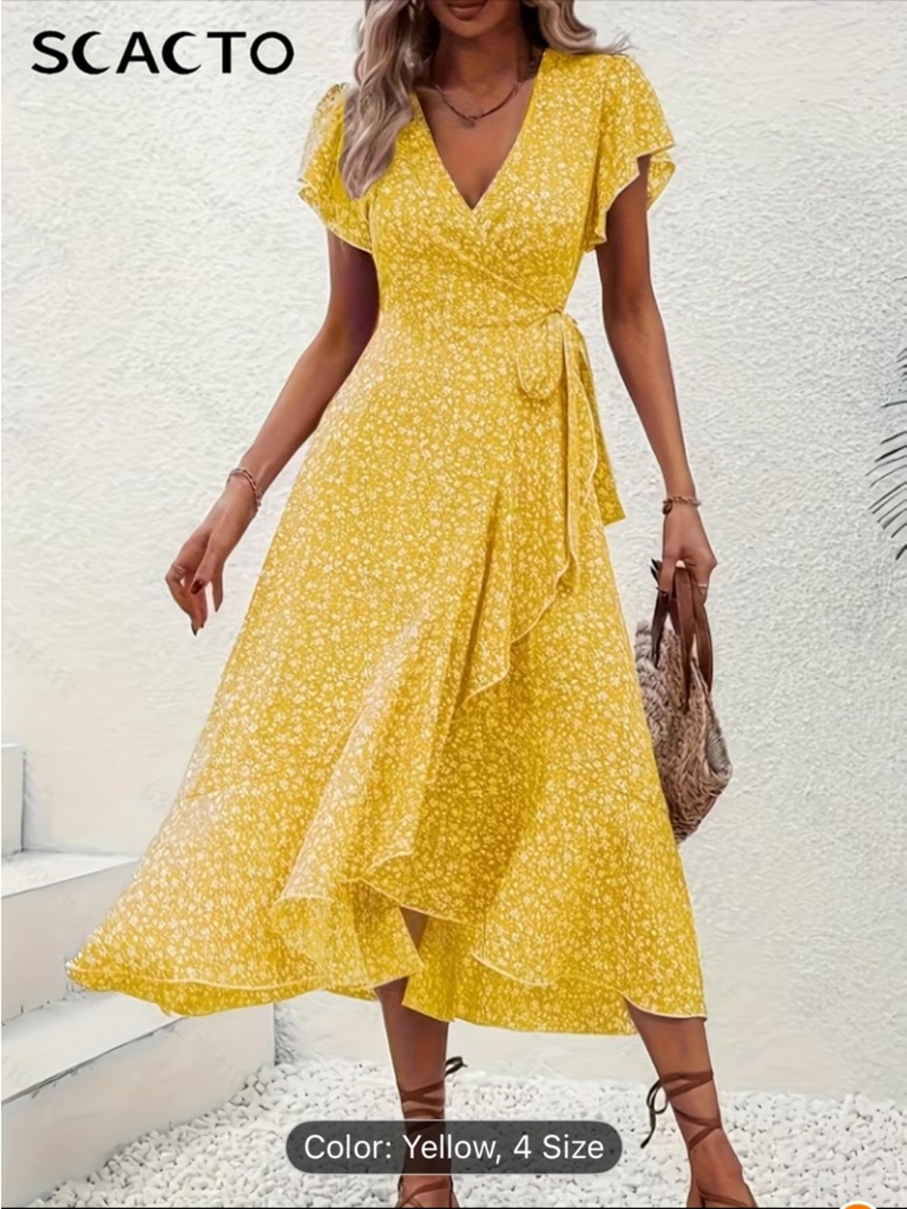 Scacto Yellow Wrap Midi Dress